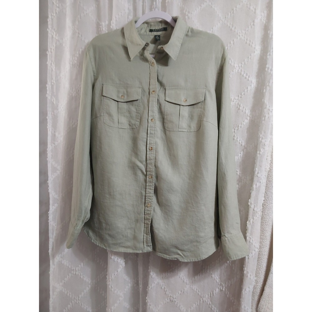 Lauren Ralph Lauren Sage Green 100% Linen Button Down Utility Shirt Plus Size 1X